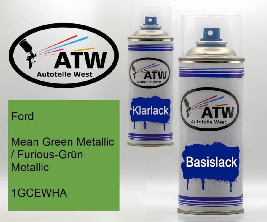 Ford, Mean Green Metallic / Furious-Grün Metallic, 1GCEWHA: 400ml Sprühdose + 400ml Klarlack - Set, von ATW Autoteile West.